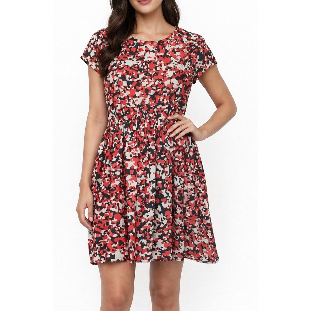 RED Saks Fifth Avenue Red Black Abstract Print Fit & Flare Dress Large